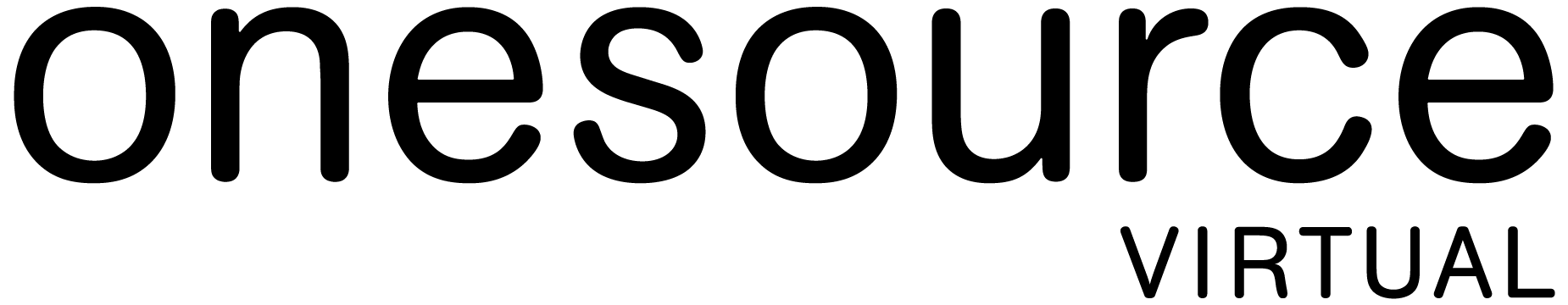The image displays the logo for onesource VIRTUAL, a full-service event company. The word onesource is in large, lowercase, black rounded letters, while VIRTUAL appears smaller below and to the right. The background is light gray.