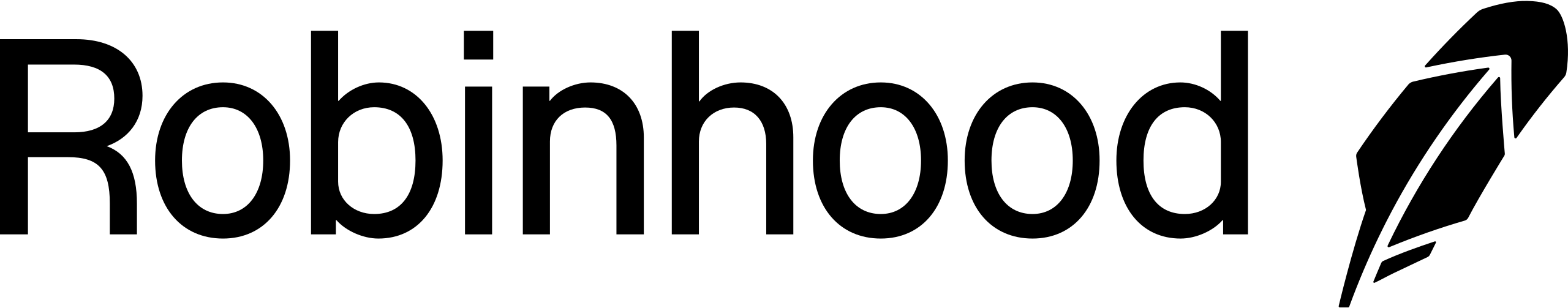The image shows the word Robinhood in bold, black letters, followed by a black feather quill icon pointing to the upper right. The background is light gray. This is the logo for Robinhood, often used at finance and event planning conferences.